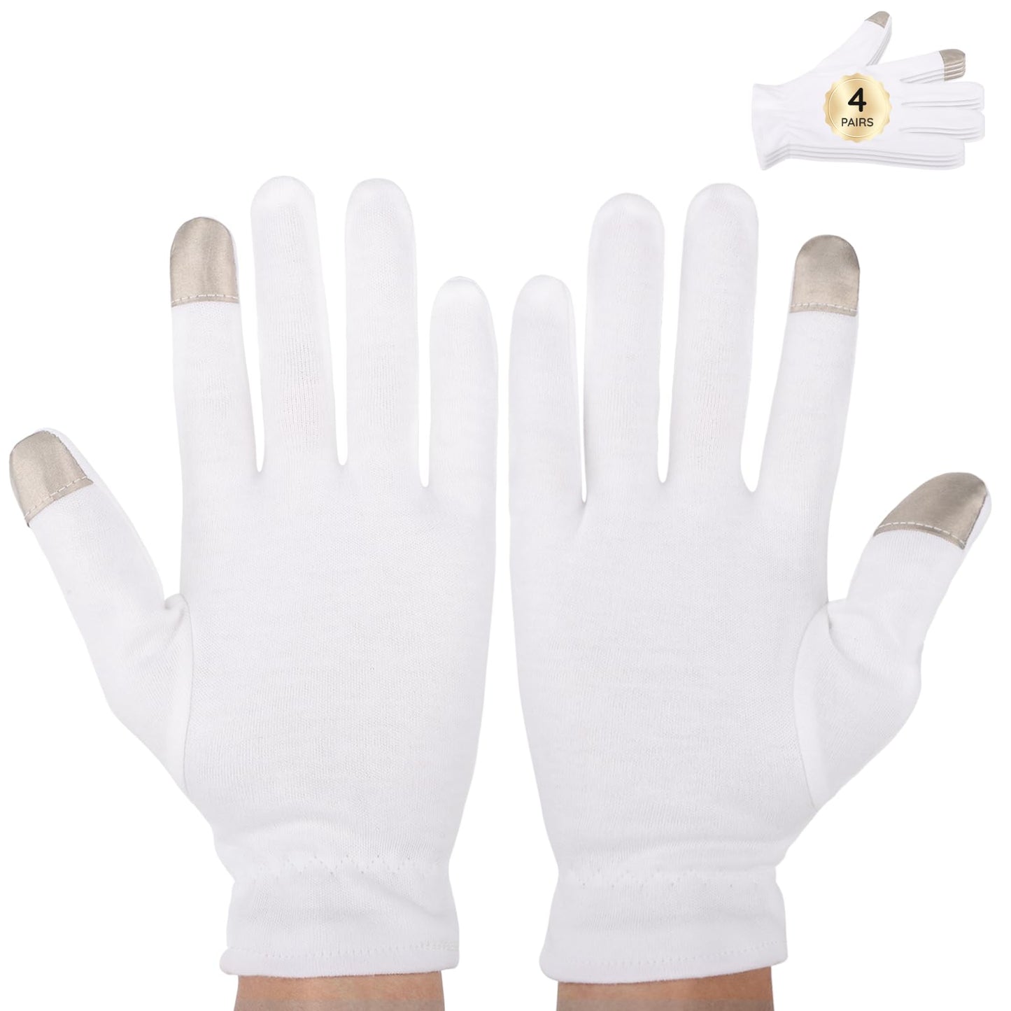 Segbeauty White Cotton Gloves with Touchscreen Fingers, 8pcs Hand Moisturizing Gloves with Elastic Band, 4 Pair Soft Cotton Sleeping Gloves for Dry Hand Overnight, White Gloves for Art Handling Medium