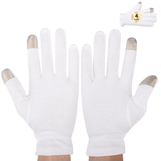 Segbeauty White Cotton Gloves with Touchscreen Fingers, 8pcs Hand Moisturizing Gloves with Elastic Band, 4 Pair Soft Cotton Sleeping Gloves for Dry Hand Overnight, White Gloves for Art Handling Medium