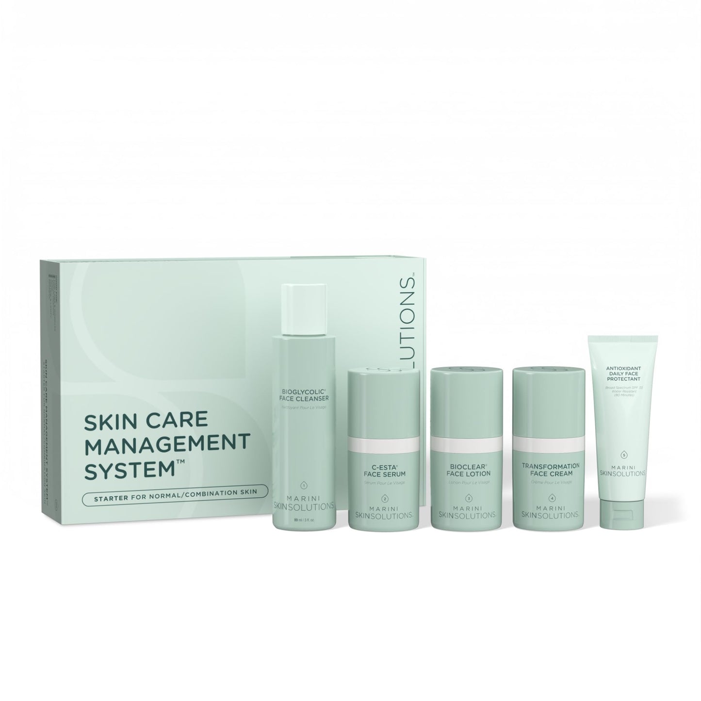 Marini SkinSolutions Travel Size Starter Skin Care Management System, Normal to Combination Skin with Antioxidant Daily Face Protectant SPF 33 - Cruelty Free - Made in the USA