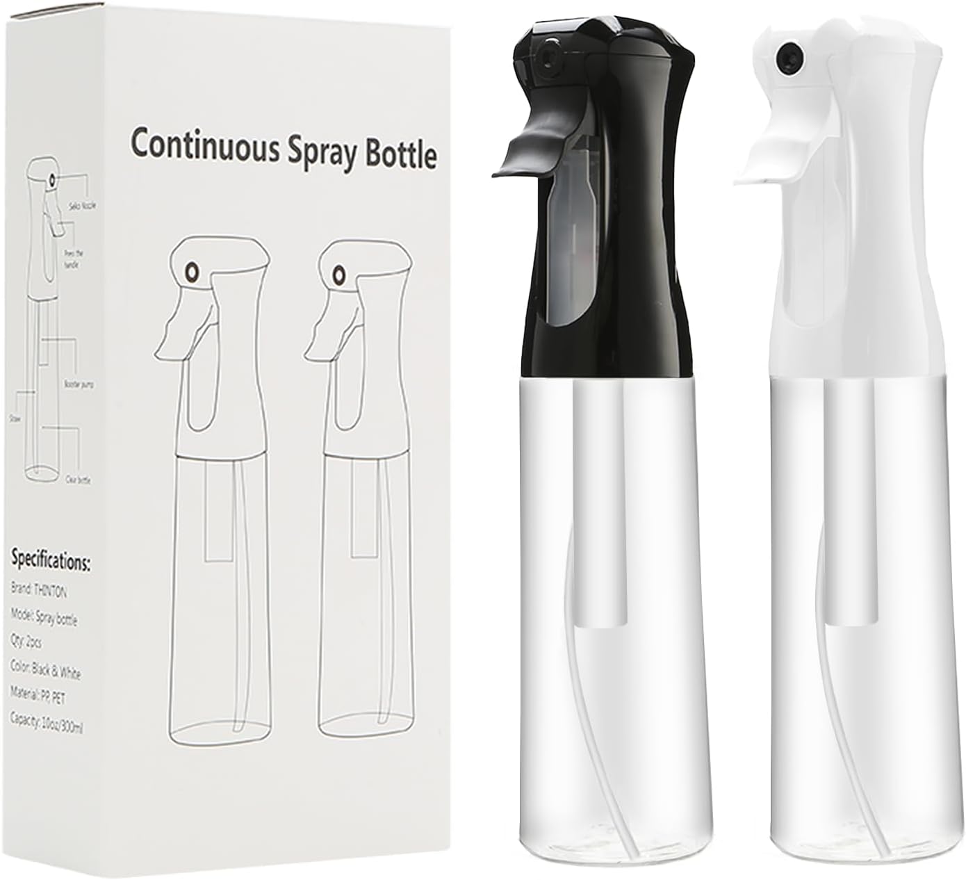 Mist Spray Bottle for Hair - 10oz Continuous Spray Bottles for Salons, Cleaning & Gardening | 2 Pcs Set