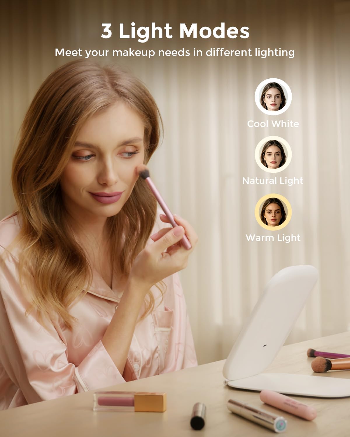 NEZZOE Travel Mirror with LED Light, Rechargeable Portable Lighted Makeup Mirror, 3 Lighting Modes Dimmable Touch Control, Foldable Compact Vanity Mirror for Travel Tabletop, 7x5 Inch