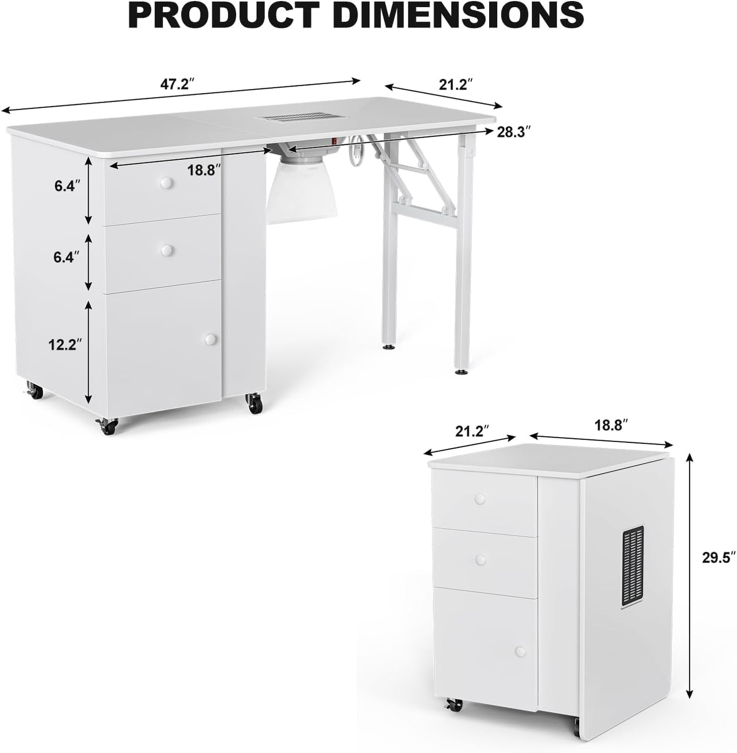 Foldable Manicure Table - Portable Nail Desk with Electric Downdraft Vent | Lockable Wheels & Storage Drawers (White)