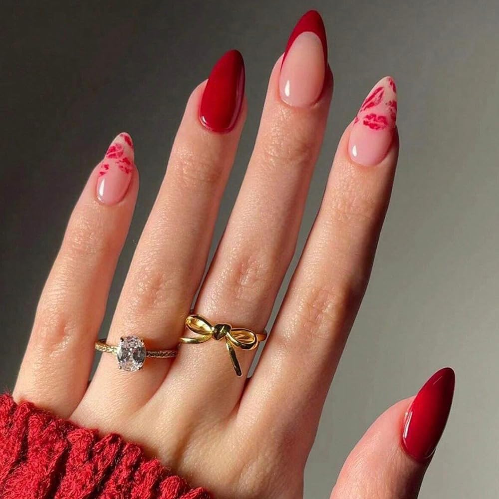 Press On Nails - Orange Almond Shape with Gold Glitter Swirl | 24 Pcs Acrylic Fake Nails for Women