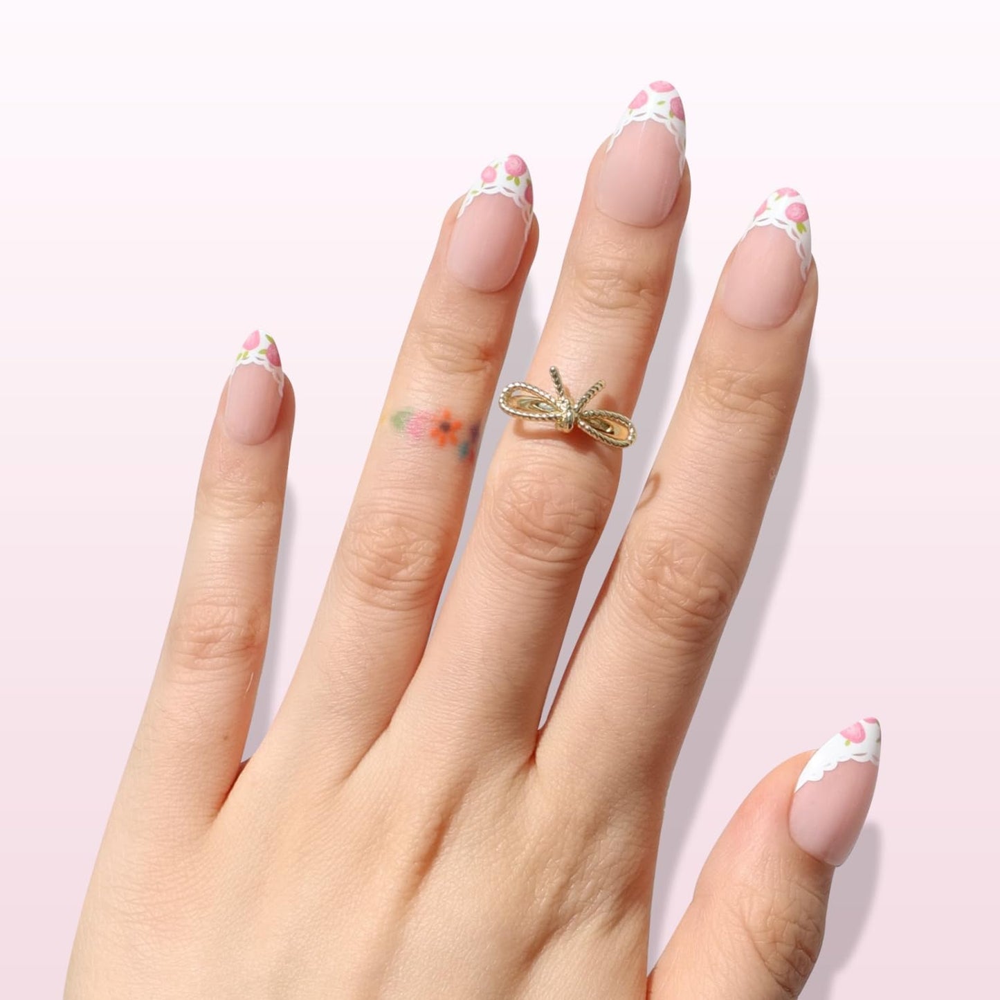Fleur De Lace Press-On Nails - Short Almond Fake Nails with Lace French Tip & Floral Design | 16 Sizes, Reusable 32 Nail Kit