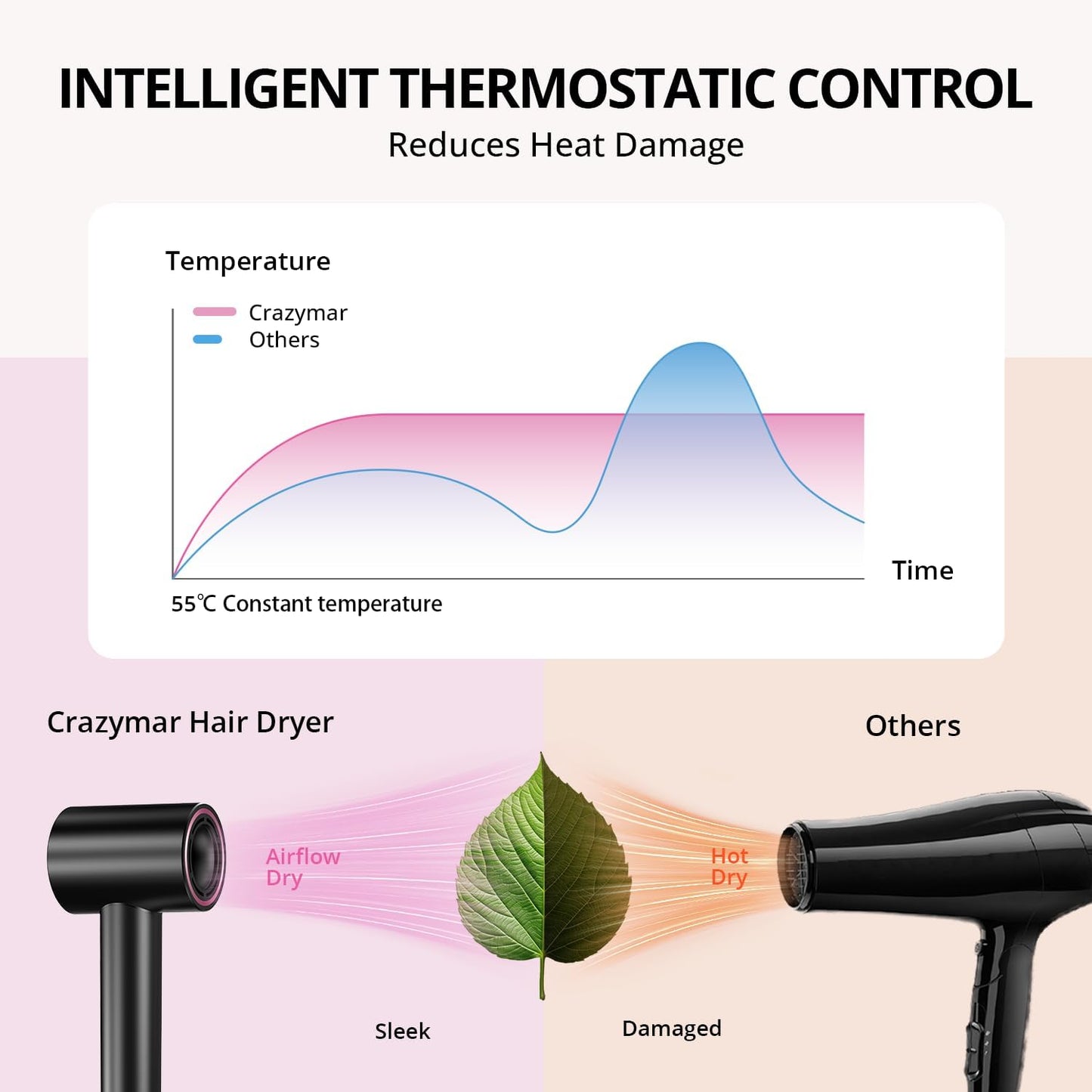 Ionic Hair Dryer - 180,000 RPM Fast Drying Blow Dryer with Diffuser | Low Noise, Lightweight, Salon Quality (Rose Pink)