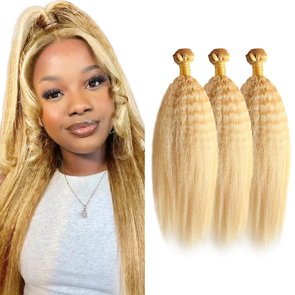 P27/613 Hilight Blonde Bundles Human Hair Kinky Straight Bundles 24 26 28 Inch Yaki Straight Bundles Unprocessed Brazilian Virgin Hair Deals Quick Weave Hair Extensions 3 Bundle 50 Gram Per Bundle