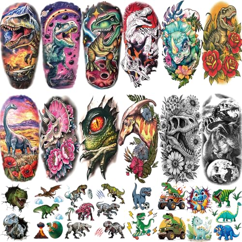 Yazhiji Dinosaur Temporary Tattoos for Kids & Adults - Large Variety, 77 Sheets, Safe & Waterproof