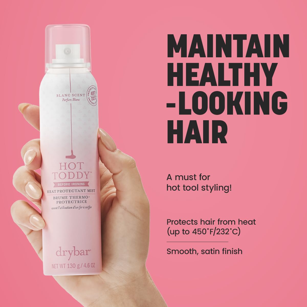Drybar Hot Toddy Heat Protectant Mist for Hair, Lightweight Formula, Protects from Heated Styling, Straightening and Curling Irons, Coconut Colada Scent, Full Size, 4.6 Oz.