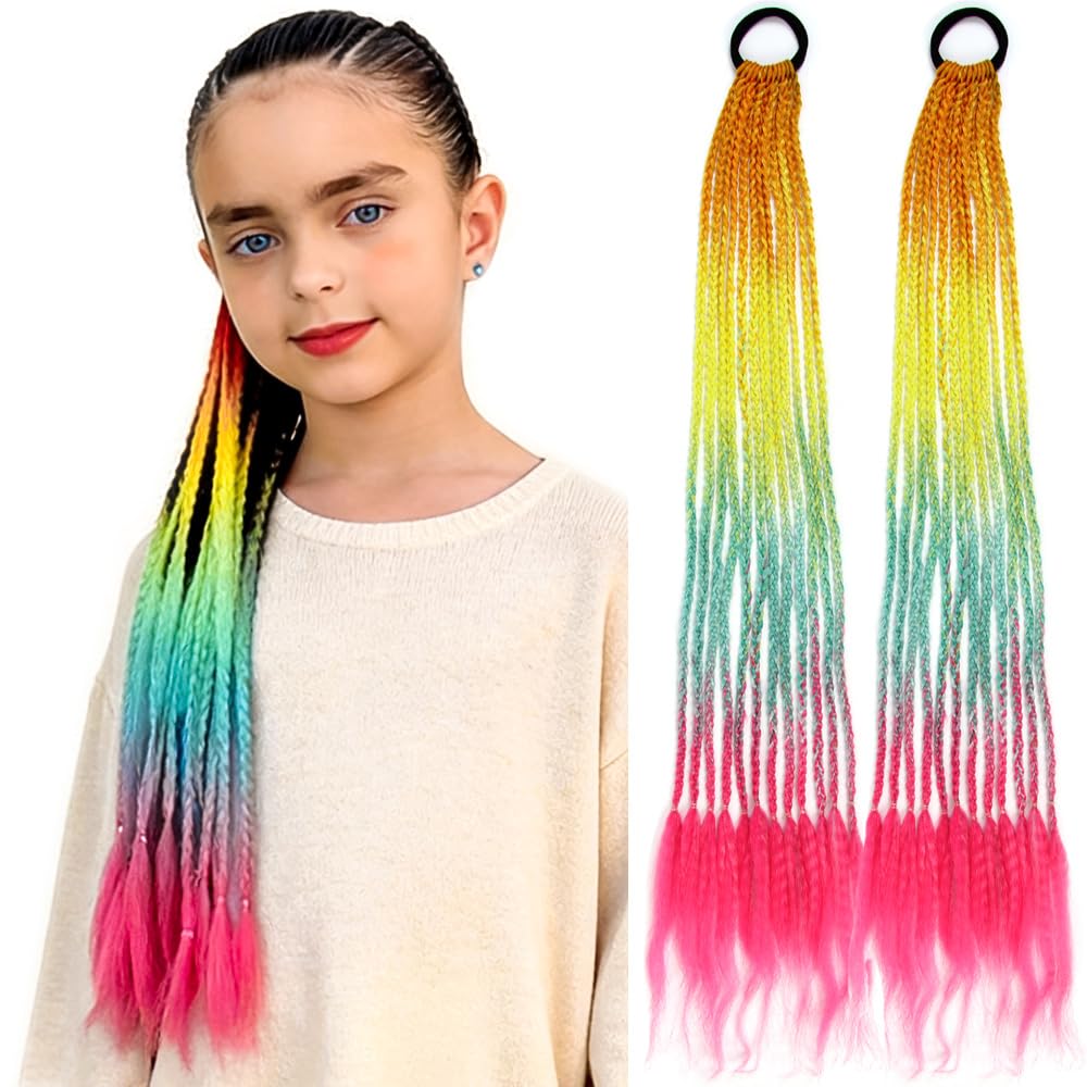 CISINPO 2PCS Rainbow Hair Extensions Braided Ponytail Gradient 24 Inch