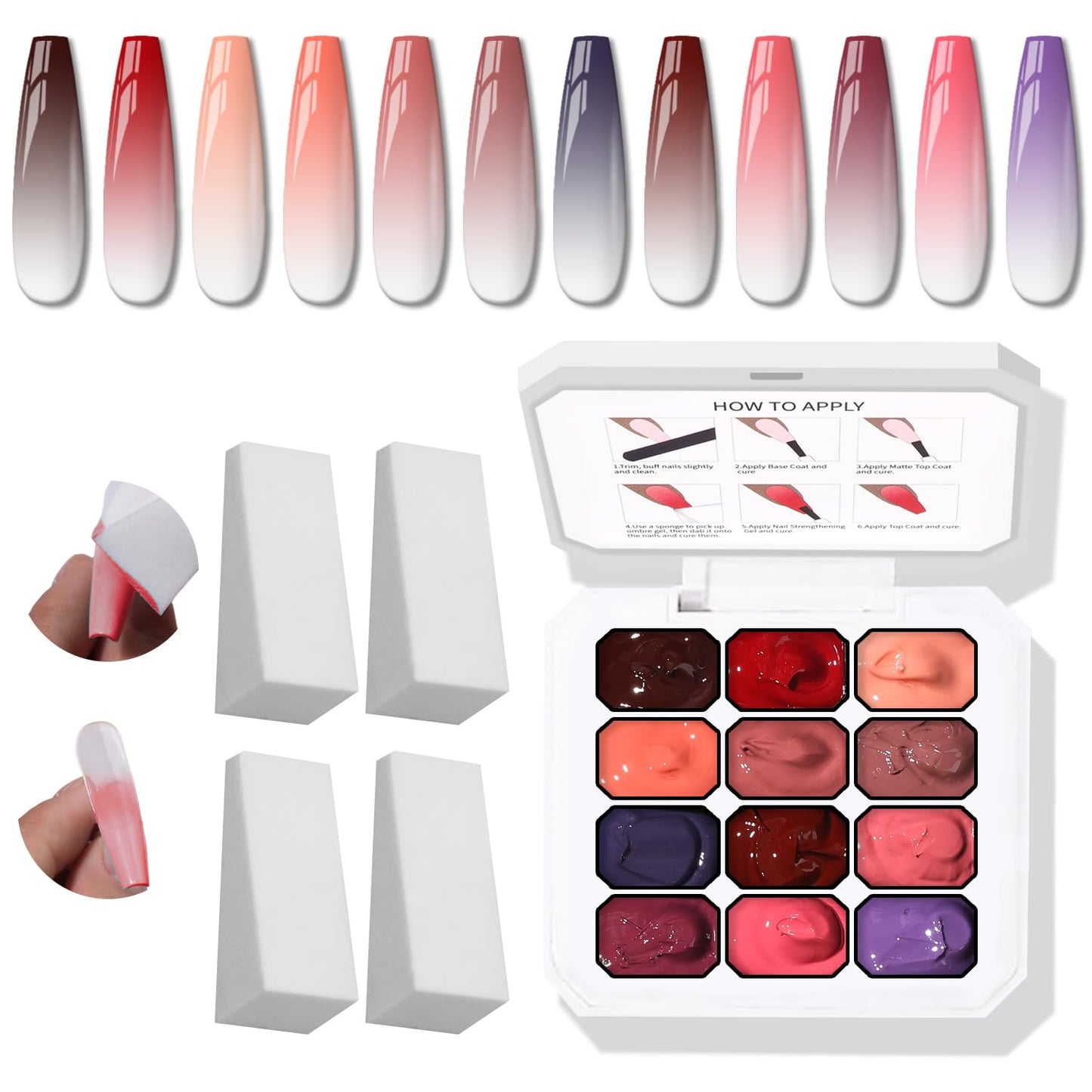 Sponge Pat Gel Nail Polish Palette - 12 Colors Ombre Gradient Art | No Wipe, UV/LED Cured