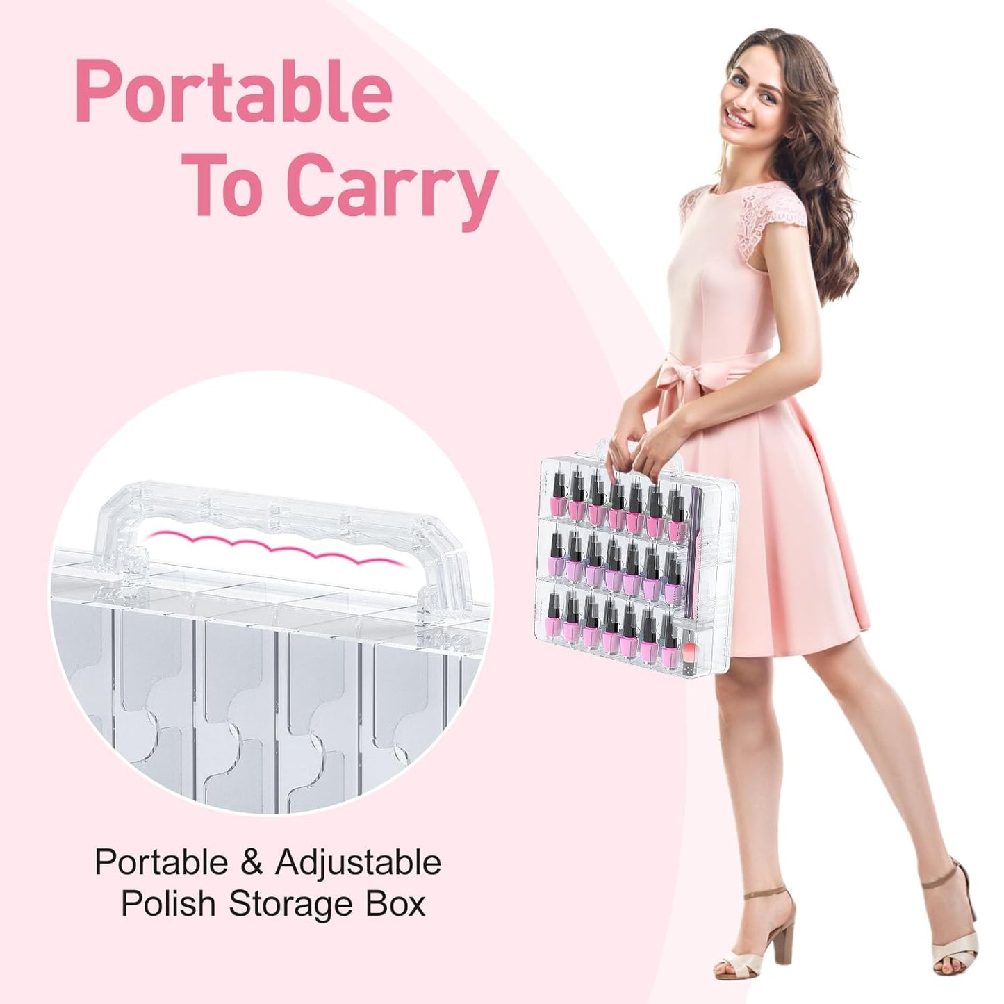 Nail Polish Organizer - 48 Bottle Transparent Holder with Adjustable Divider | Double-Sided Gel Polish Storage Case