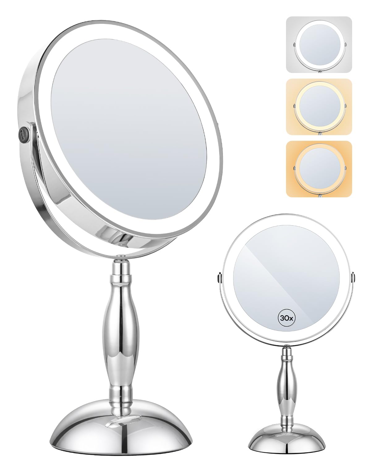 30x Lighted Makeup Mirror with Lights, 8" Double Sided Magnifying Mirror