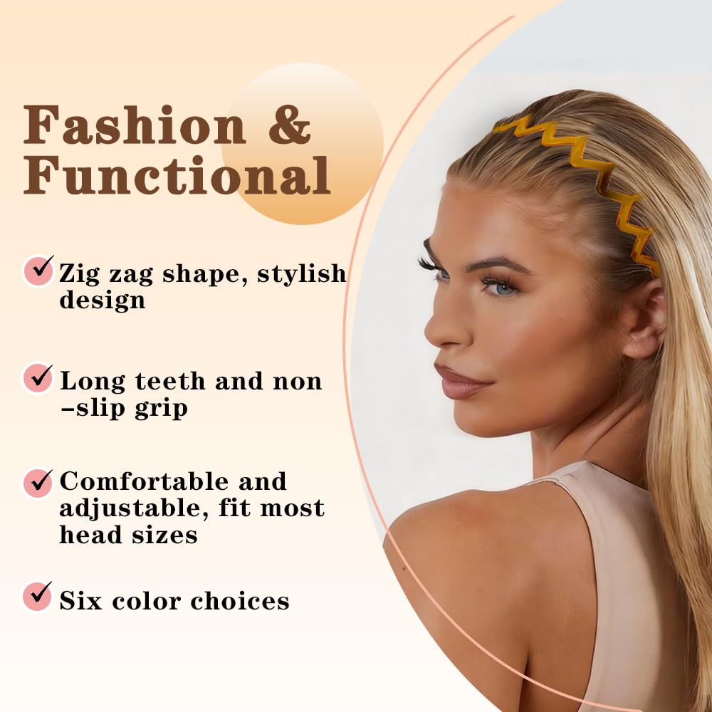 Zig Zag Headbands for Women - Non-Slip Hair Bands with Teeth | 6 Pack Retro Style Hair Accessories