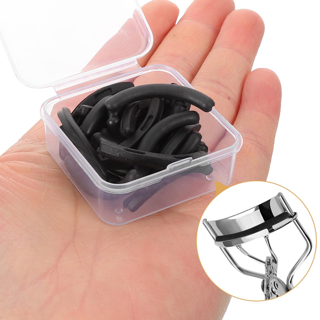 TOVINANNA 24Pcs Eyelash Curler Refills, Universal Lash Replacement Pads, Soft Rubber Eyelash Curler Refill Pad Cushions for Lasting Curling, Black Adhesive Strips with Box