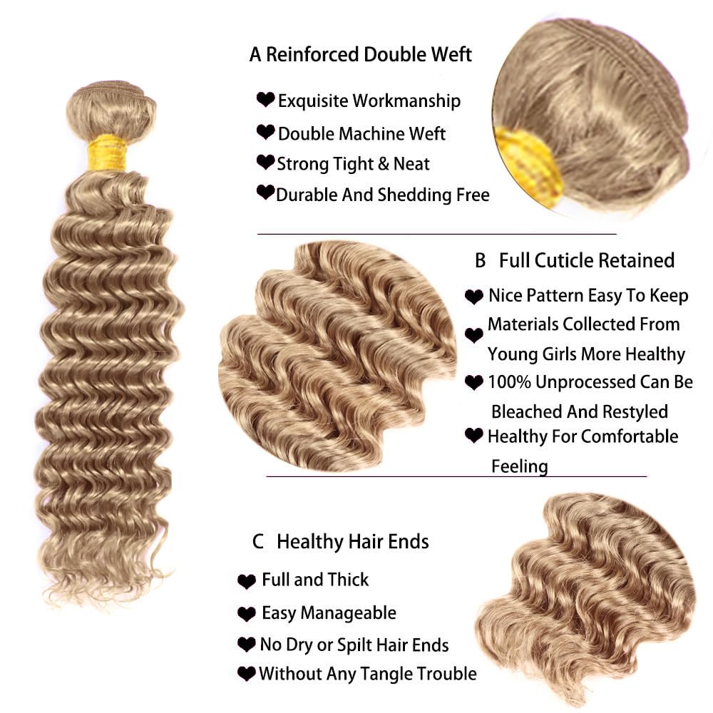 24 26 28 inch Color 22 Human Hair Bundles Ash Blonde Deep Wave Bundles Blonde Wet and Wavy Bundle #22 Deep Wave Bundle