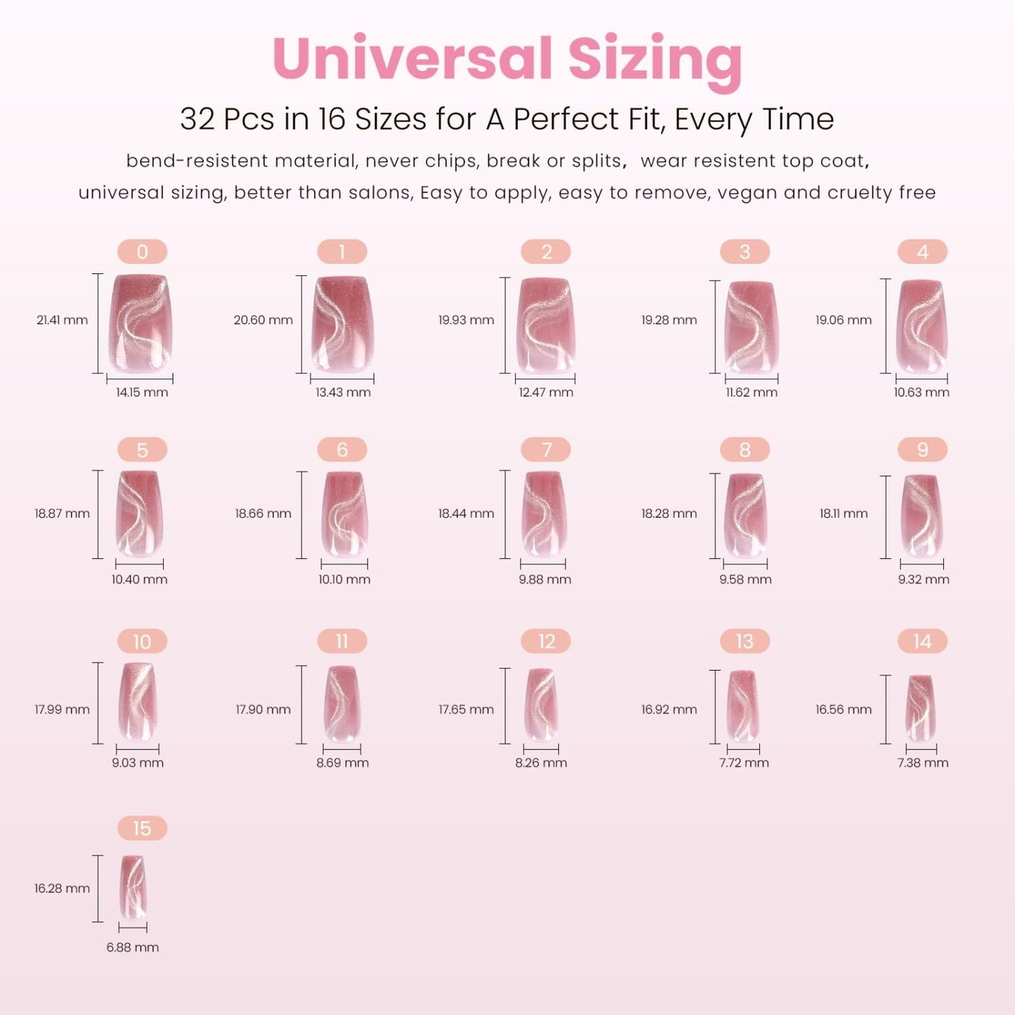 Nail Reformation Press On Nails - Pink Sway Short Coffin Velvet Cat Eye | 32 Nail Kit in 16 Sizes with Glue, Reusable Manicure Gifts for Women