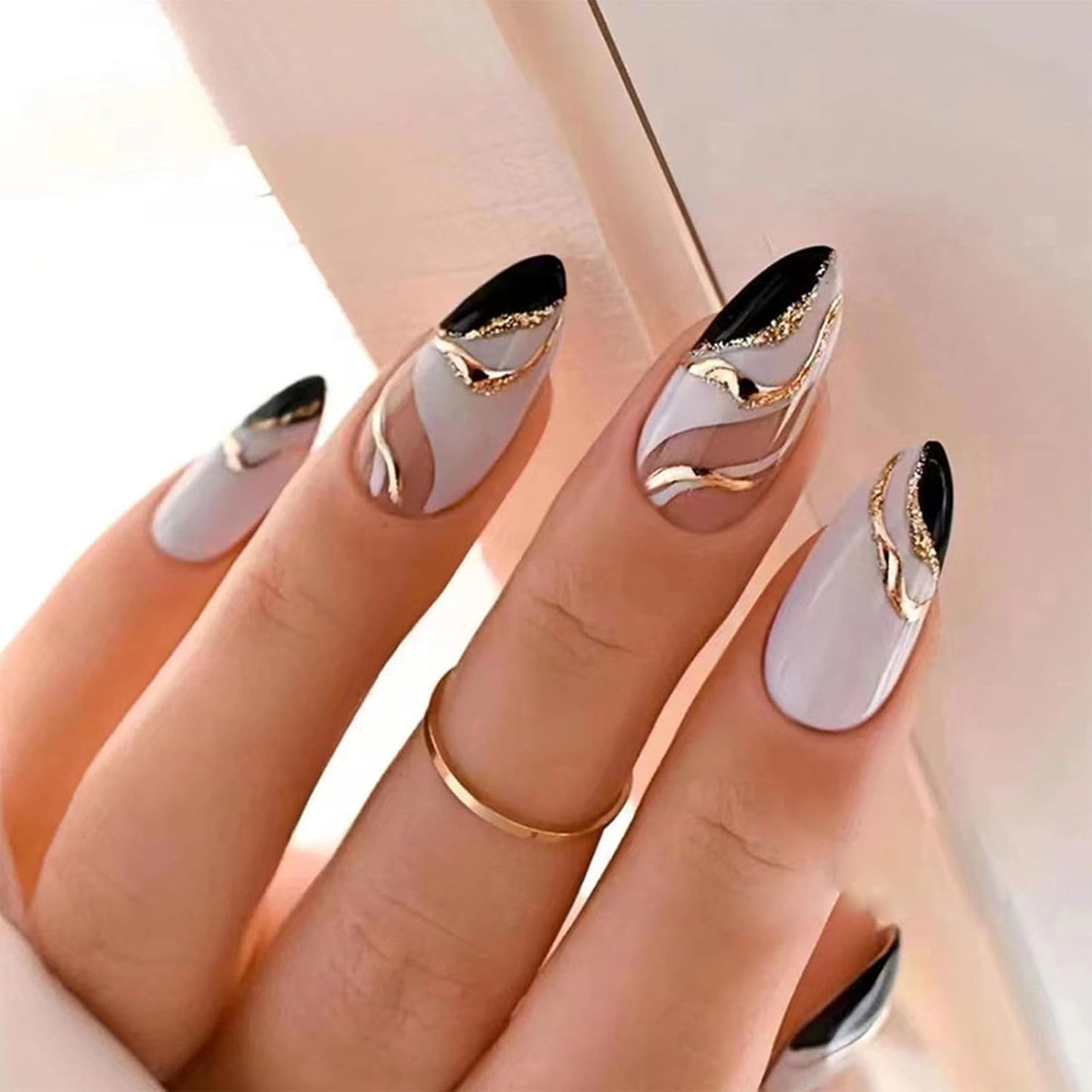 Press On Nails - Orange Almond Shape with Gold Glitter Swirl | 24 Pcs Acrylic Fake Nails for Women