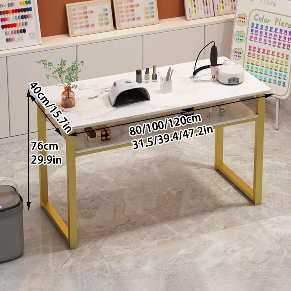 SHGCLKD Marble Finish Nail Desk for Nail Tech, Manicure Table with Gold Frame, Portable Nail Table, Spacious Workstation for Beauty Salon, Spa, Home, Office(120cm-47.2in)