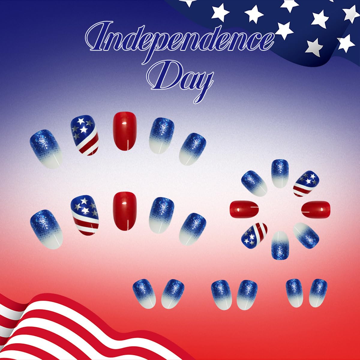 4th of July Press on Nails Medium Oval Patriotic Fake Nails with Star & American Flag Designs,Blue Glitter 4th of July Nails Independence Day Full Cover Stick on Nail for Women Manicure 24Pcs