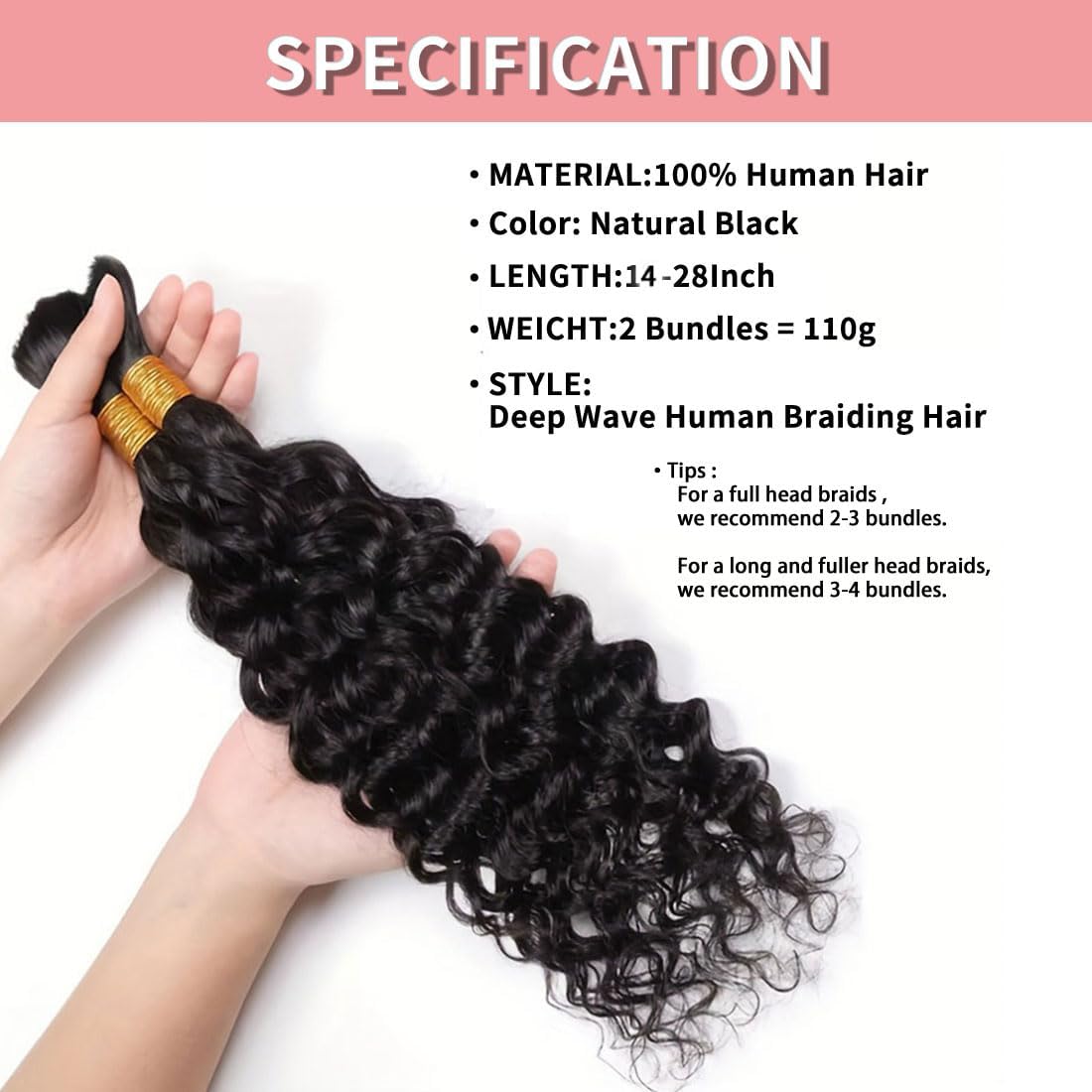 Human Braiding Hair 20 20 Inch 2 Bundle 100g Deep Wave Bulk Human Hair for Braiding No Weft Curly for Boho Braids Wet and Wavy Braiding Hair
