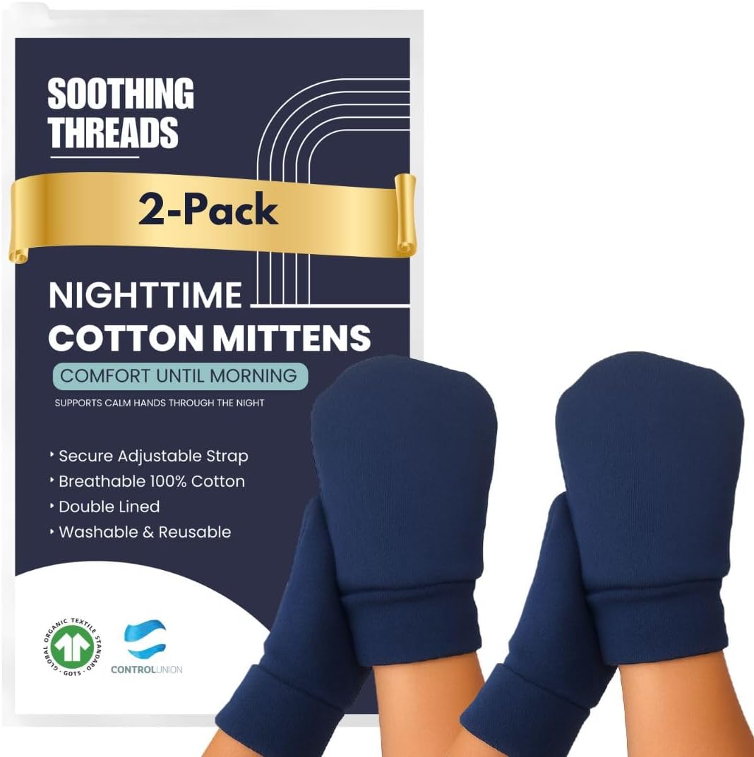 Organic Cotton Eczema Mittens for Adults - Anti-Scratch Nighttime Gloves with Adjustable Strap | Reusable & Washable, Navy, Medium