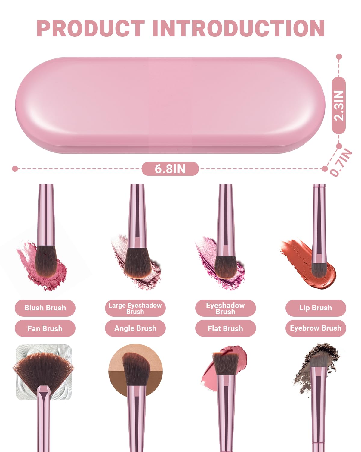 Makeup Brushes Set - 8Pcs Professional Eyeshadow & Eyebrow Brushes with 3 Powder Puffs | Pink Case