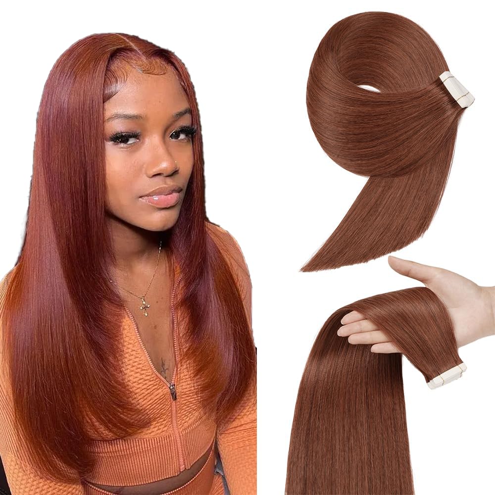 HuxoWax 20 Inch #33 Reddish Brown Tape In Human Hair Extensions Double Weft Straight Weave 10 Packs Total 40g Invisible Human Hair Tape In Extensions #33 Copper Red Color