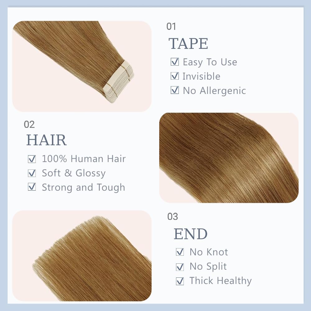 24 Inch #27 Blonde Tape in Extensions Human Hair Honey Blonde Straight Tape ins Hair Extensions Real Hair Skin Weft Seamless Invisible Remy Hair 40g 10Pcs.
