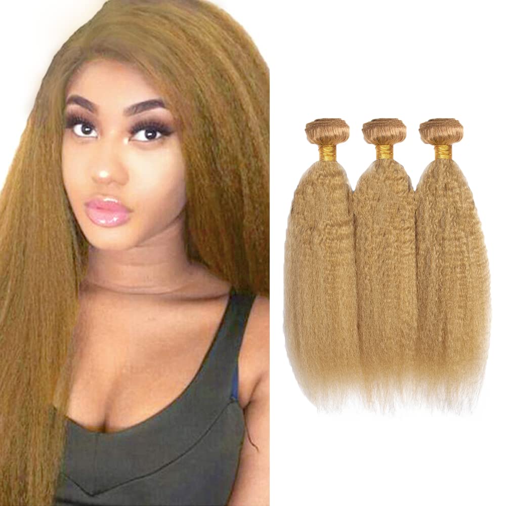 Honey Blonde Bundles 16 18 20 Inch Human Hair Color #27 Kinky Straight Bundle Brazilian Virgin Hair Mixed Length 3 Bundles Blonde Yaki Straight Bundle Hair Weave 300g