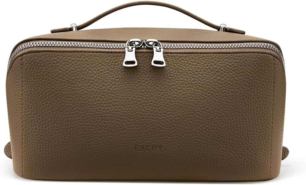 Travel Makeup Bag - Large Capacity Lychee Leather Cosmetic Organizer | Waterproof Toiletry Bag with TPU Brush Compartment