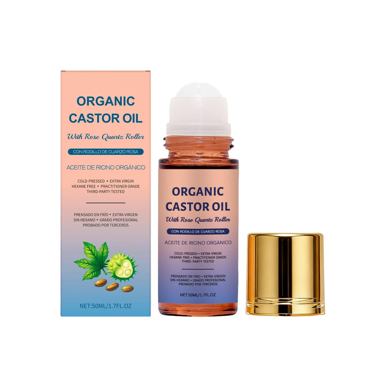 GOWEGO Organic Castor Oil Roll On with Rose Quartz Roller, Castor Oil Rose Quartz Roller Ball for Face and Body, Hair, Eyebrows, Moisturize Skin (1.7 FL.OZ)