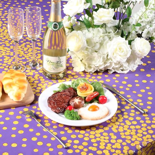 84 Inch Purple and Gold Polka Dot Round Tablecloth - Set of 3