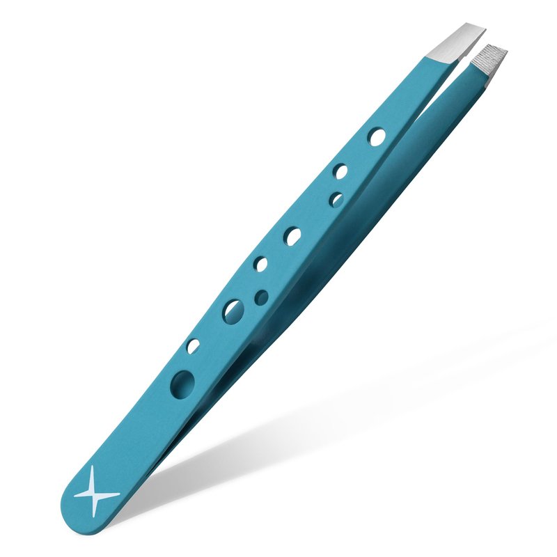 Precision Eyebrow Tweezers – Hand Finished Japanese Stainless Steel, Perfect Alignment, Slant Tip for Fine Hair, 9-Hole Grip, Unique Colors (Frosted Aqua)