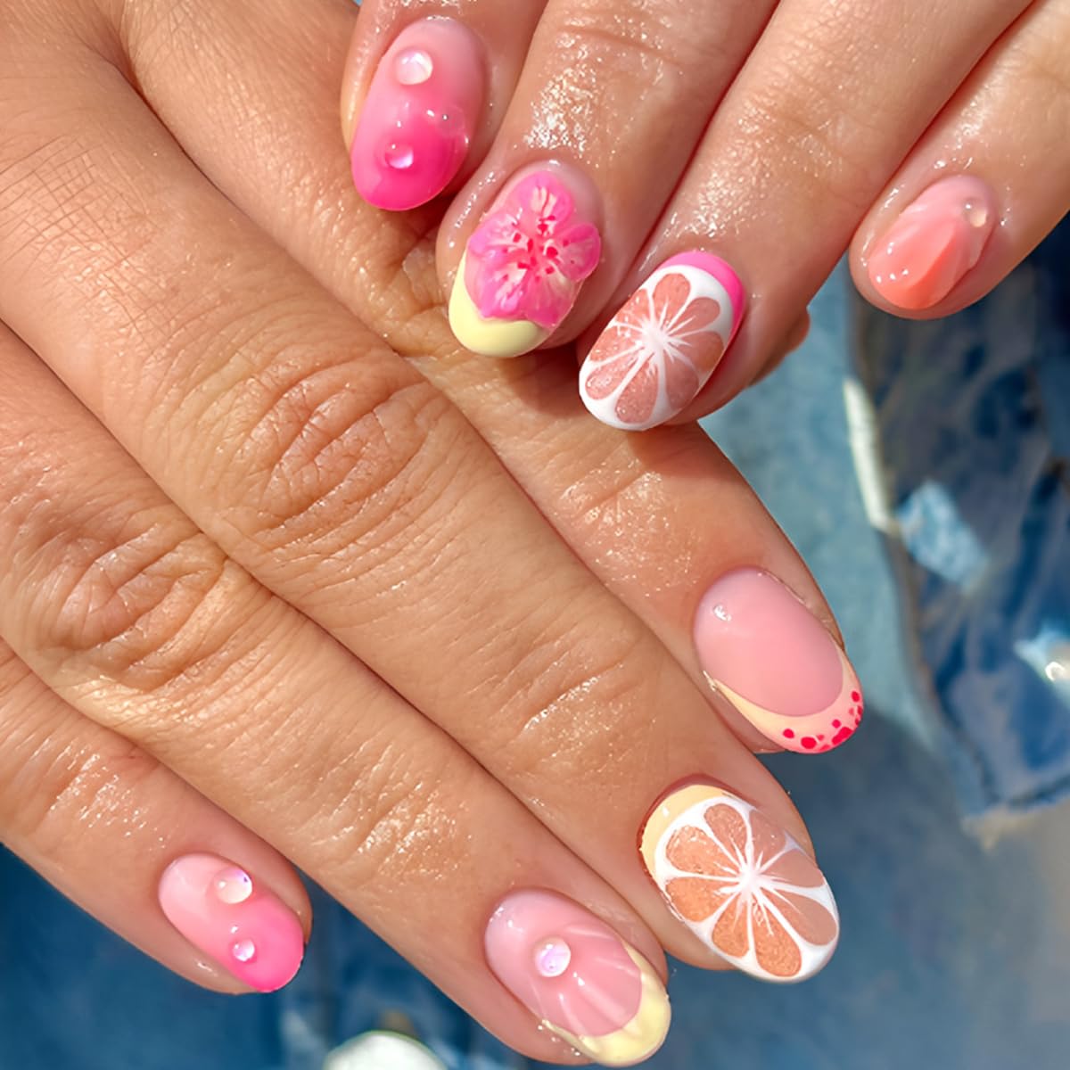 Almond Press-On Nails - Leaf Design Green Full Cover Glossy Fake Nails | 24PCS for Women