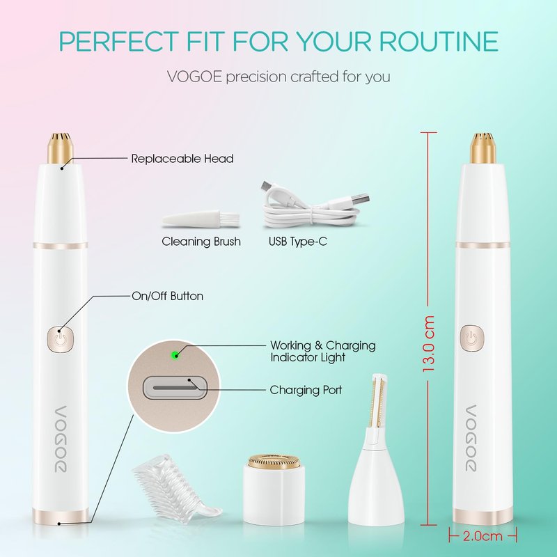 VOGOE Eyebrow Trimmer for Women, 3-in-1 Electric Eyebrow Razor & Facial Hair Remover, Painless Rechargeable & Portable for Brows, Peach Fuzz, Lips and Chin (White)