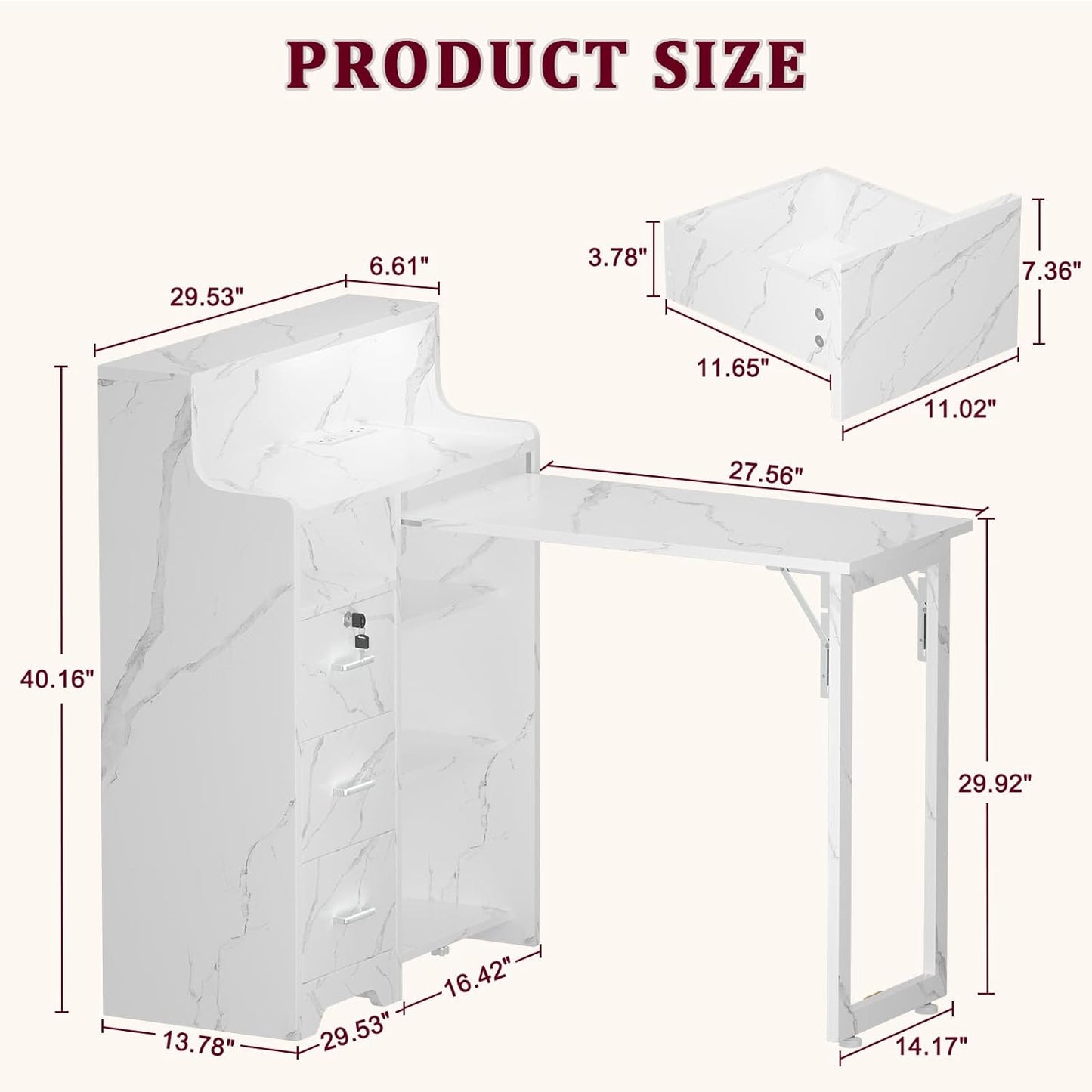 Foldable Nail Desk - Portable L-Shaped Manicure Table with Power Outlets & Lockable Drawer | Professional Home Salon Workstation (Marble)