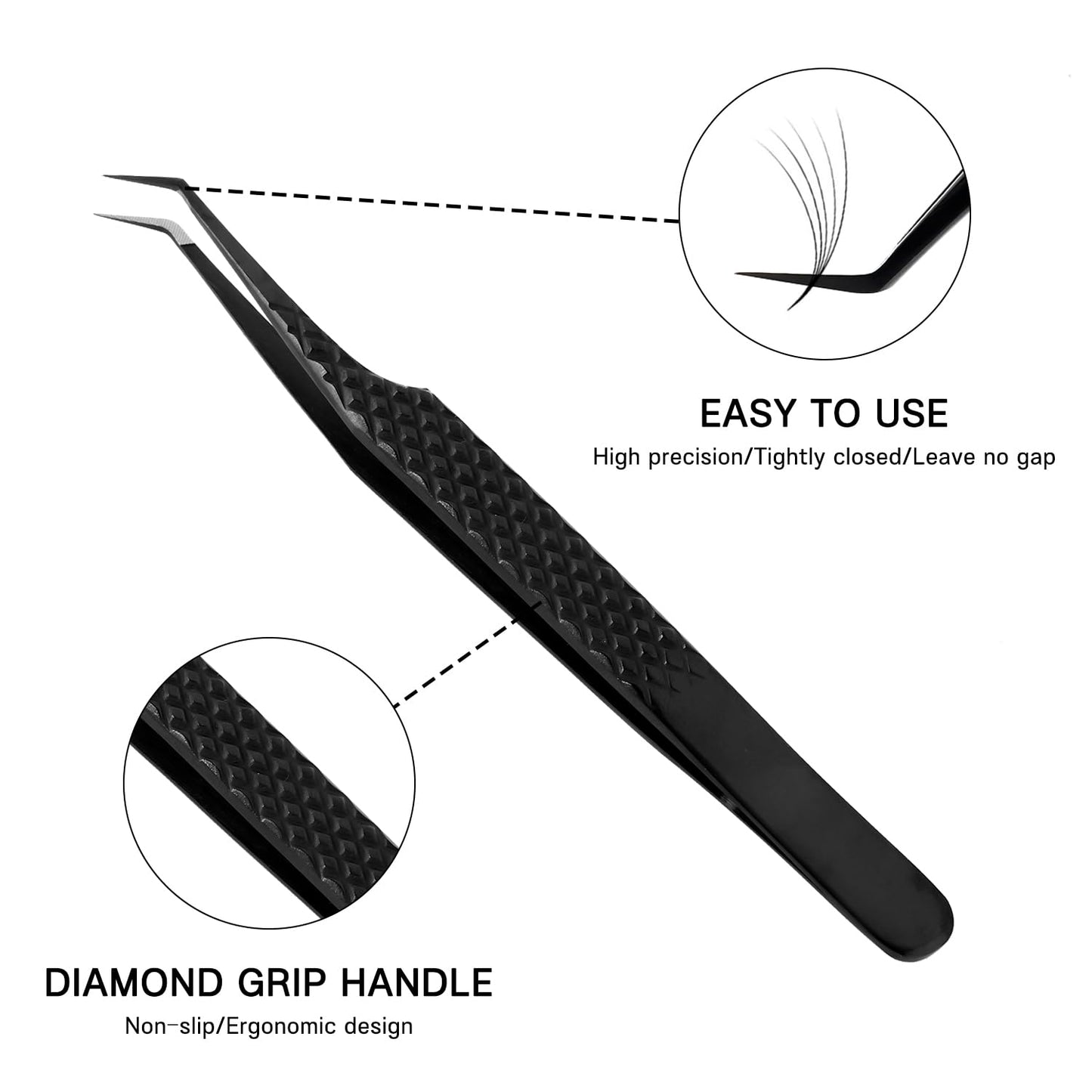 VAVALASH Lash Tweezers for Eyelash Extensions, Fiber Tip Diamond Grip 45 Degree Tweezers, Professional Precision Black Lash Tweezers for Volume & Classic Lashes