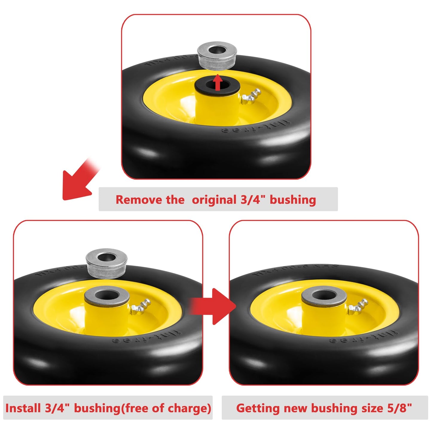 Parts Camp 9x3.50-4" Flat Free Tire and Wheel Lawnmower Tire,front zero turn mower/garden tractors/wheelbarrows/garden carts Tires With 3/4" & 5/8" Bushing,3.5"-4" Centered Hub(Set of 2)
