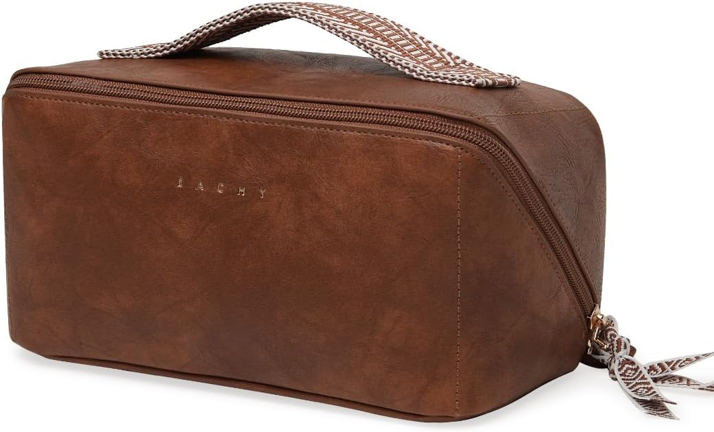 Travel Makeup Bag - Large Capacity Waterproof PU Leather Cosmetic Organizer for Skincare & Brushes | Portable Toiletry Bag