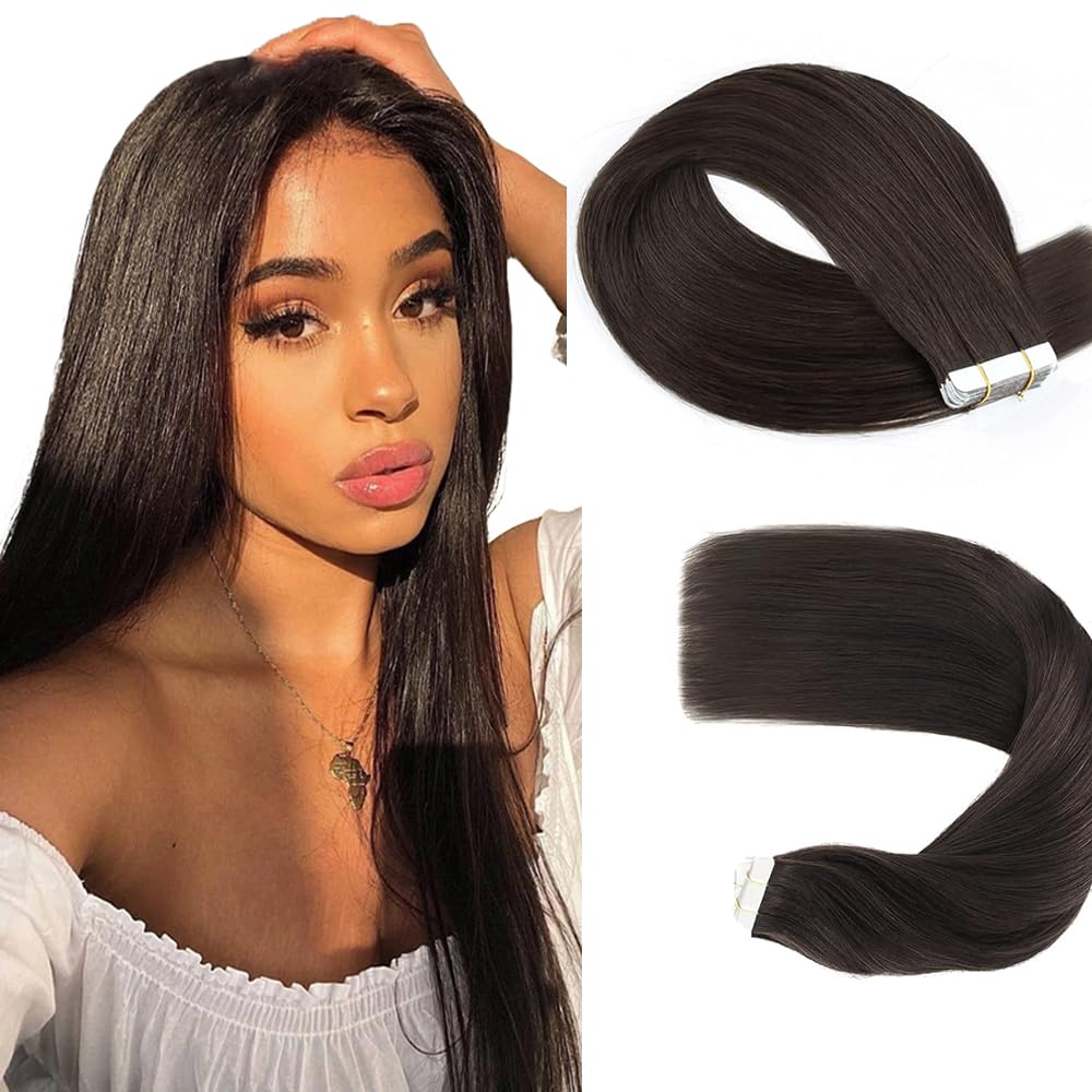 Tape In Hair Extensions 18 Inch Color 1B Straight Hair Extensions Double Weft VirgIn Soft And Silky Remy Invisible Natural Black Color