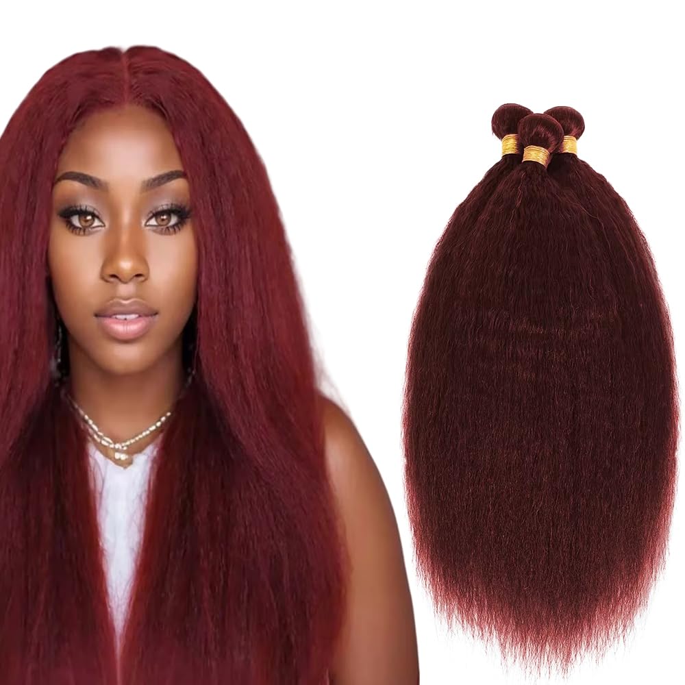 #99J Bundles Human Hair Yaki Straight Bundles 12 14 16 Inch 3 Bundles 50g/Bundle Burgundy Kinky Straight Bundle Unprocessed Brazilian Virgin Weave Hair Extensions for Black Women