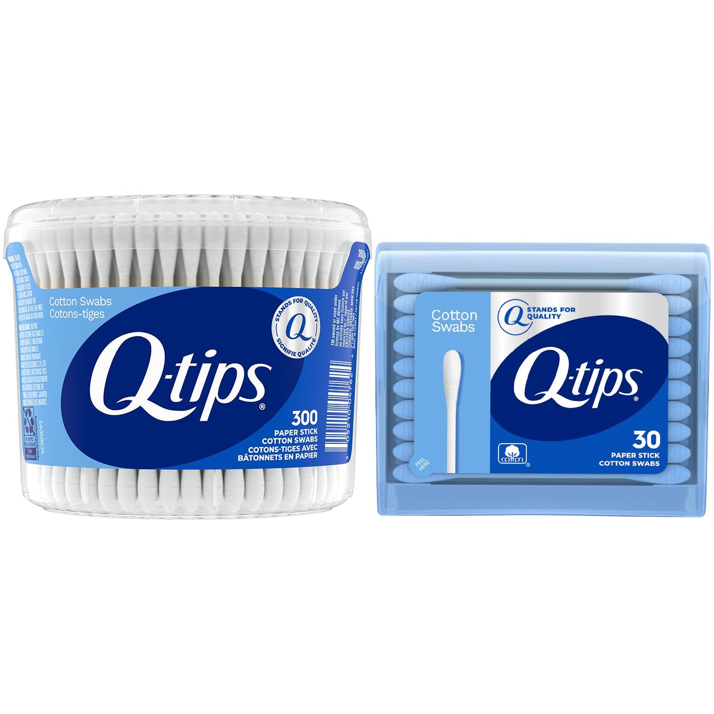 Q-tips Cotton Swabs 300 Count Vanity Tub + Travel-Size 30 Count – for Home, First Aid and Beauty, 100% Cotton