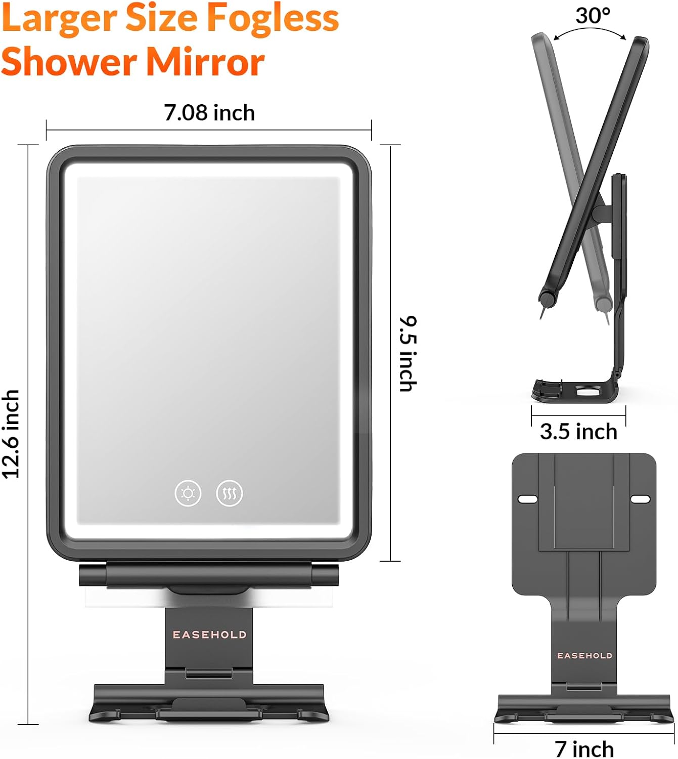 Fogless Shower Mirror for Shaving - Heated LED with 3 Color Lights | Adjustable Anti-Fog Holder & Storage Tray
