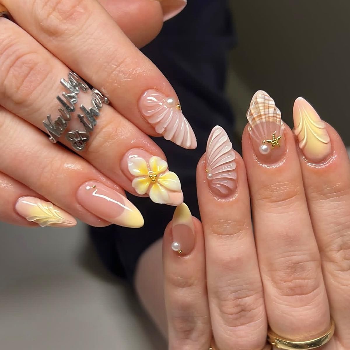 Press On Nails - Glossy Marble Medium Almond with 3D Flower & Gold Star Charms | 30 Pcs, Reusable for Ocean Beach Manicure