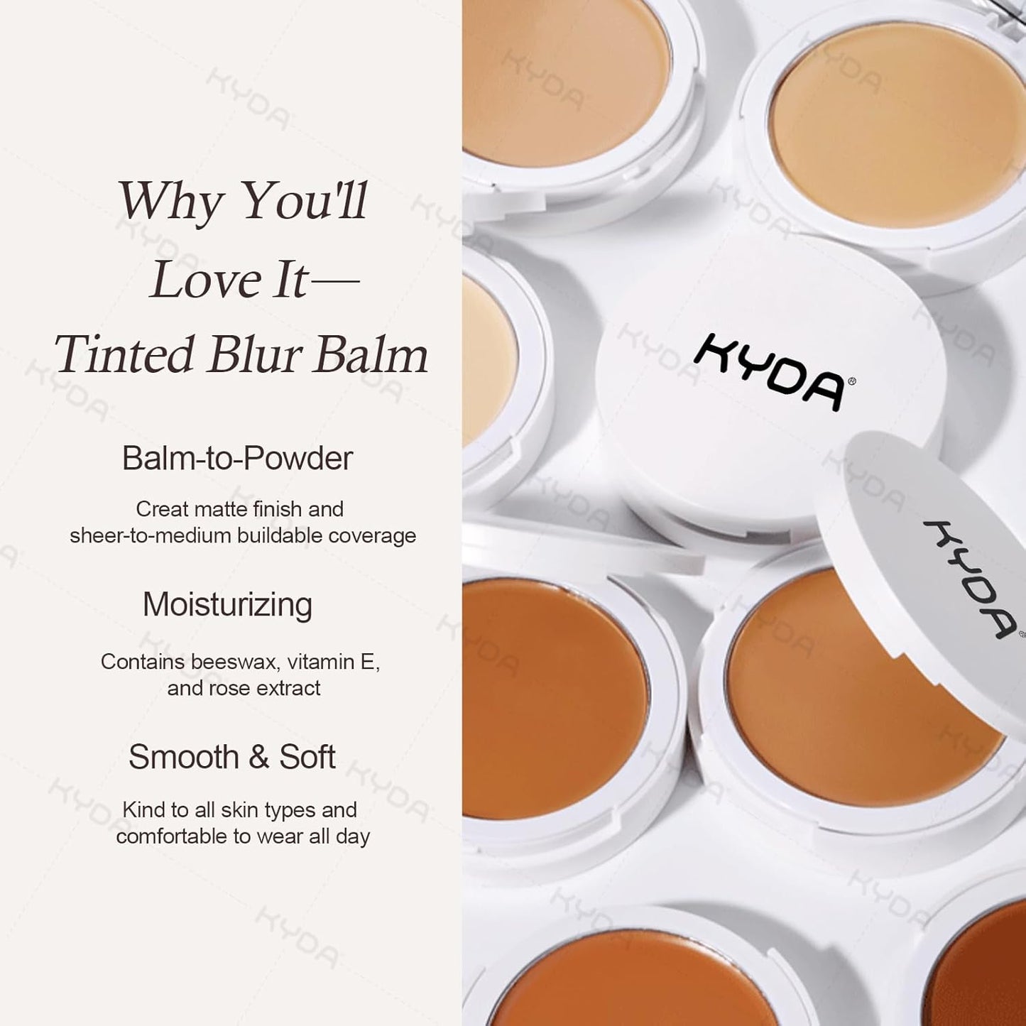KYDA Tinted Foundation Balm - Soft-Focus Matte Finish Cream-to-Powder Makeup | Buildable Coverage, Weightless, BBD01