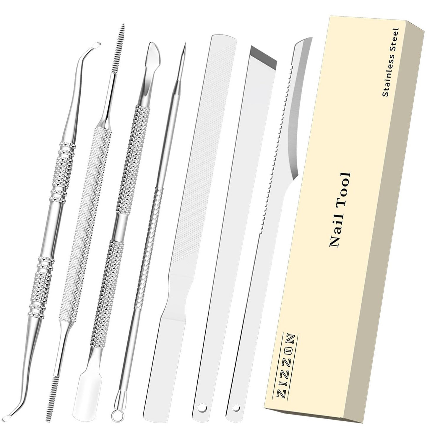 ZIZZON 7 Pcs Ingrown Toenail File and Lifters Set, Stainless Steel Ingrown Toenail Removal Kit, Under Nail Cleaner Pedicure Tools
