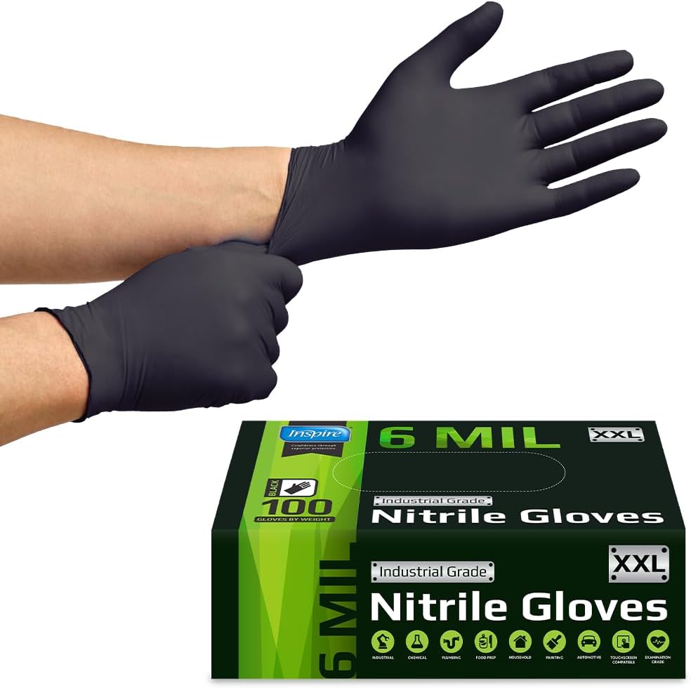 Heavy Duty Black Nitrile Gloves - 6 Mil Chemical Resistant | Disposable Medical & Cleaning Use