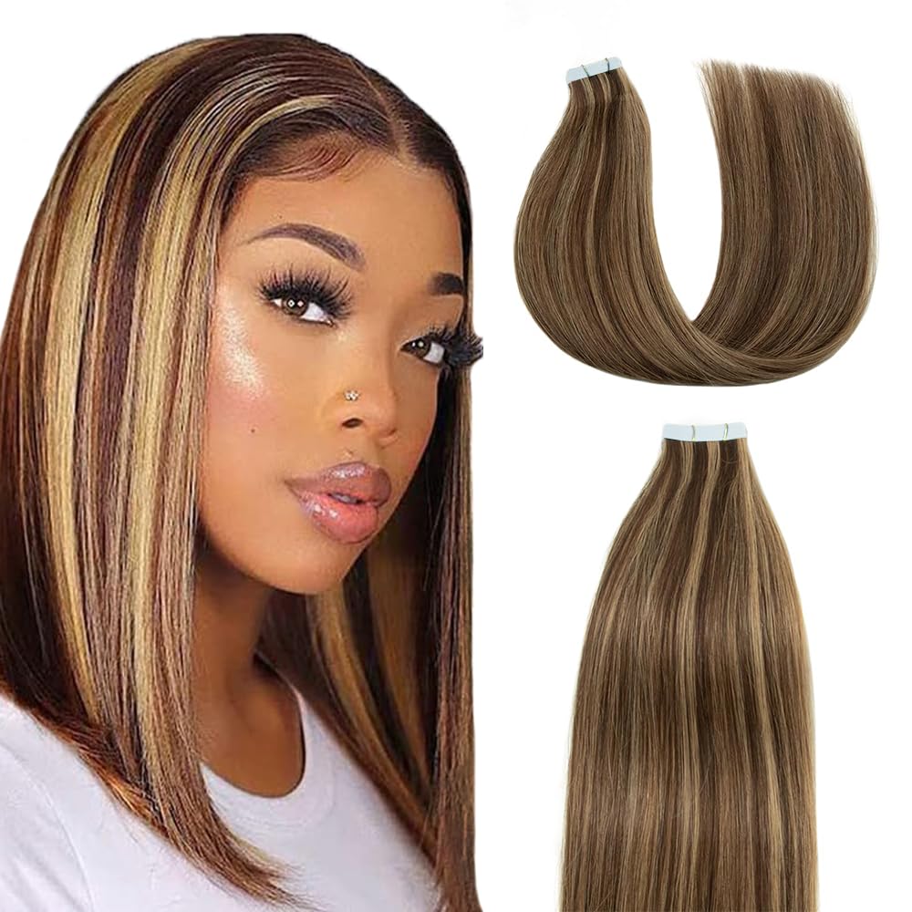 P4/27 Tape In Hair Extensions Human Hair Highlight Brown Straight Human Hair Extensions 12 Inch HuxoWax Double Weft Hair Weave
