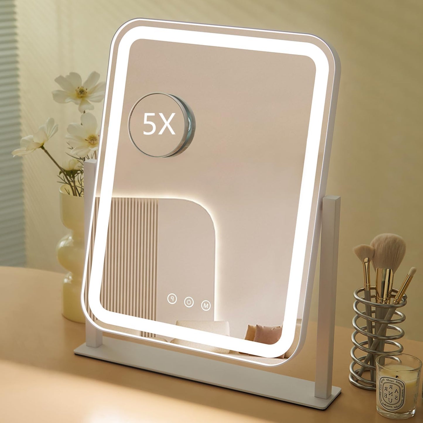 Vanity Mirror with Lights - 17.4'' x 13'' Makeup Mirror | 3 Color Modes, 5X Magnification, Smart Touch Control, 360° Rotation, White