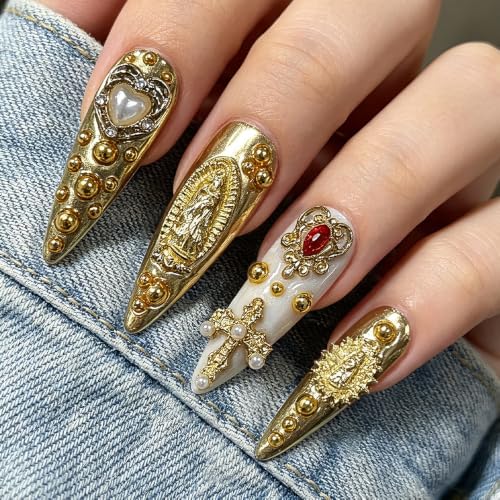 TENPAL Long Stiletto Press-On Nails with Baroque Pearl & Celestial Charms